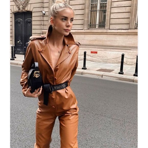 NWT Ronny Kobo cognac brown faux leather jumpsuit, XS - Picture 5 of 8